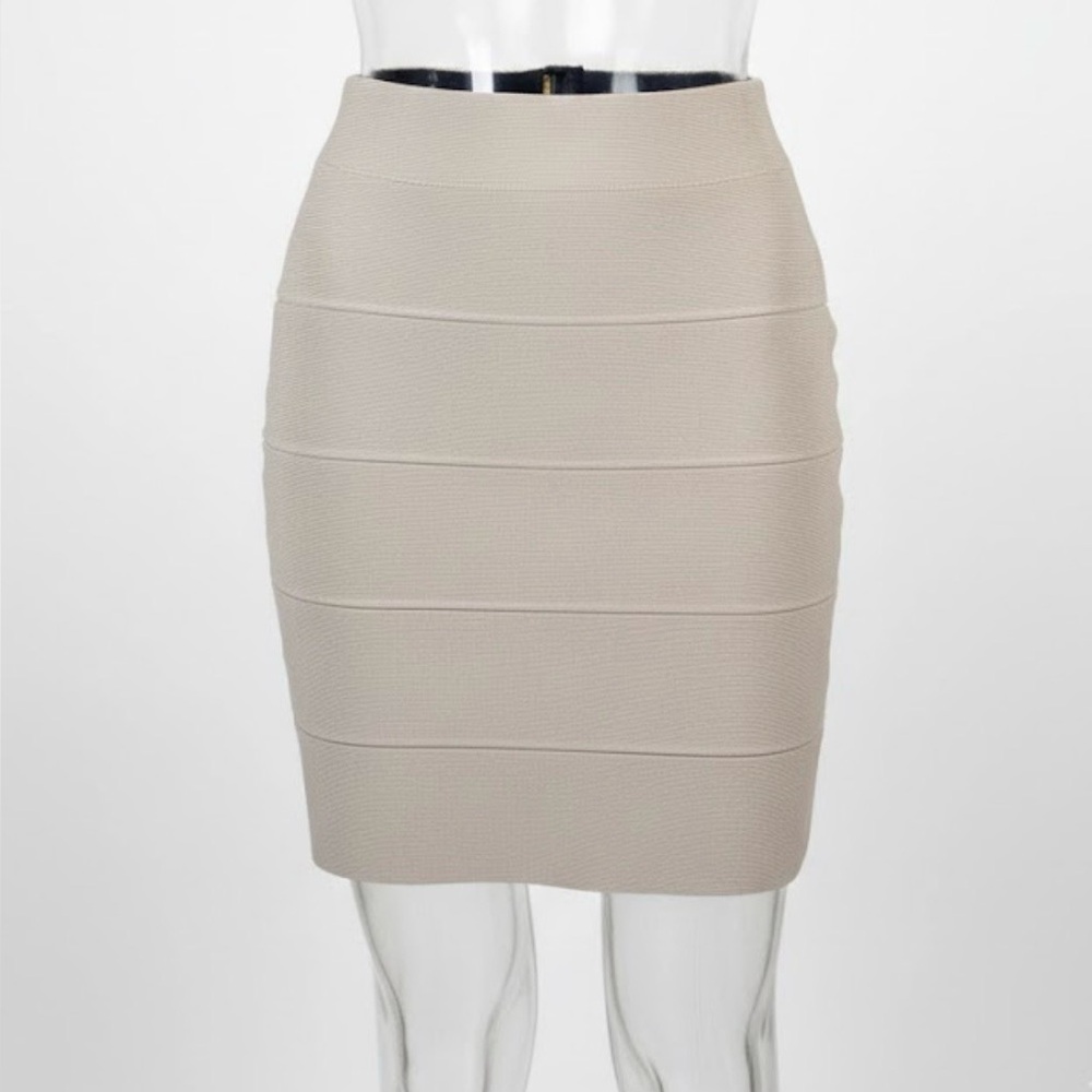 BCBGMAXAZRIA Nude Bandage Bodycon Skirt (Rayon) | Size L | Waist Shaper Effect - Picture 2 of 10